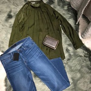 Silky high neck olive green coldshoulder cutout